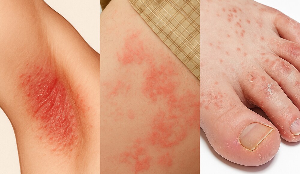  Hăm kẽ do vi khuẩn thường xuất hiện ở bẹn, nách, kẽ ngón chân, dưới ngực,..